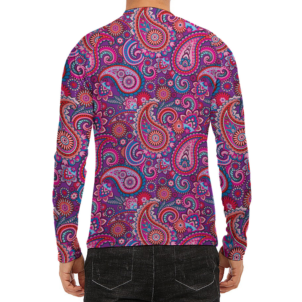 Purple And Pink Paisley Pattern Print Men's Long Sleeve Rash Guard