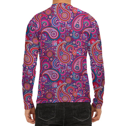 Purple And Pink Paisley Pattern Print Men's Long Sleeve Rash Guard