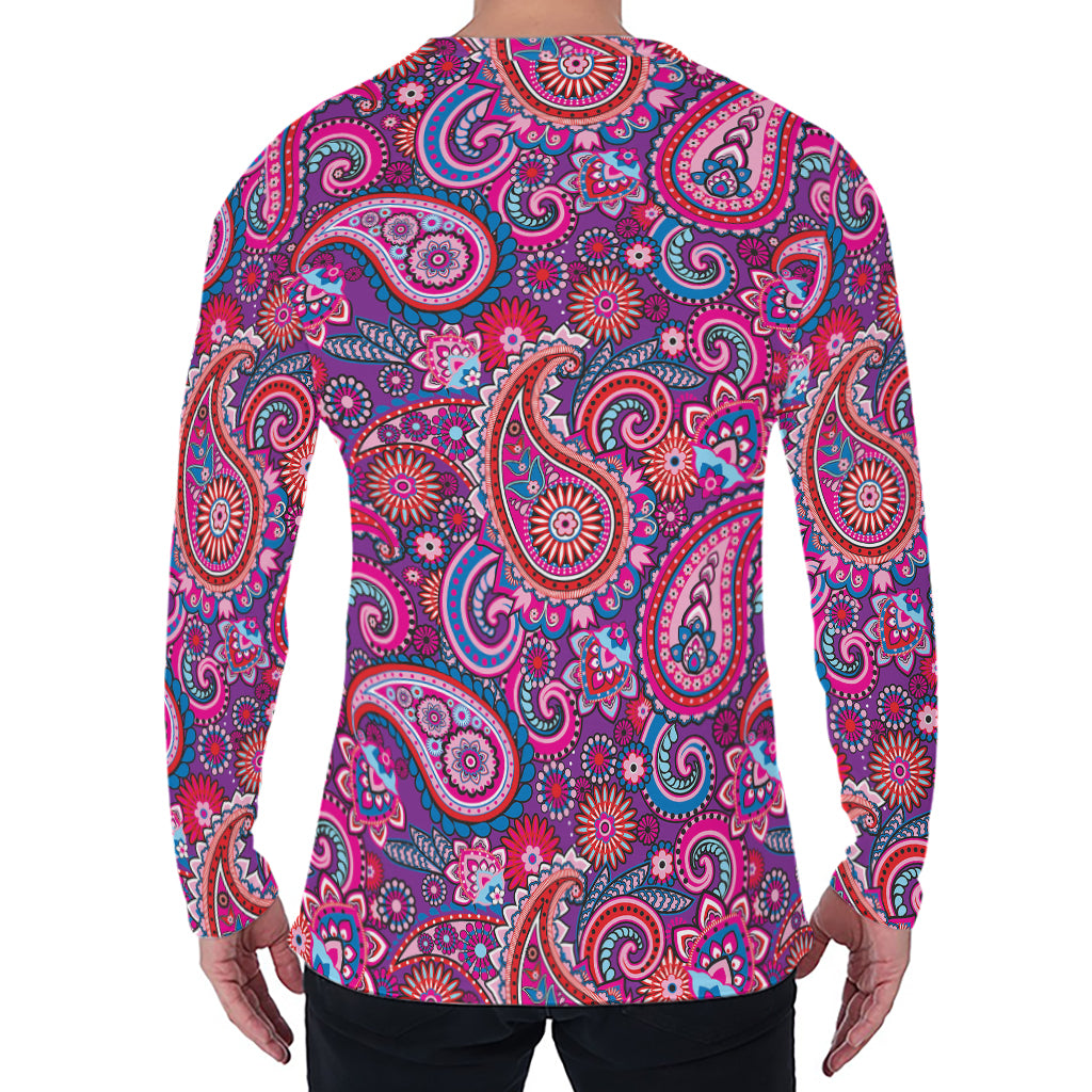 Purple And Pink Paisley Pattern Print Men's Long Sleeve T-Shirt