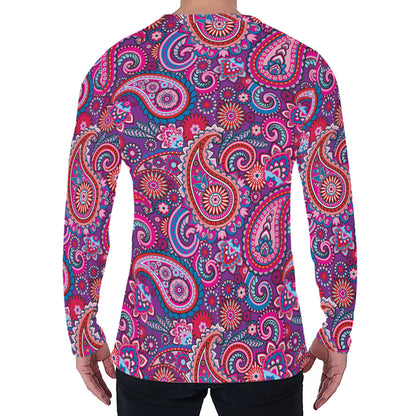 Purple And Pink Paisley Pattern Print Men's Long Sleeve T-Shirt