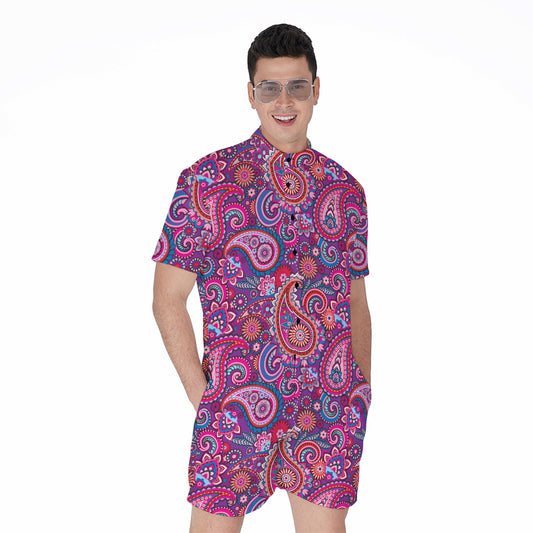 Purple And Pink Paisley Pattern Print Men's Rompers