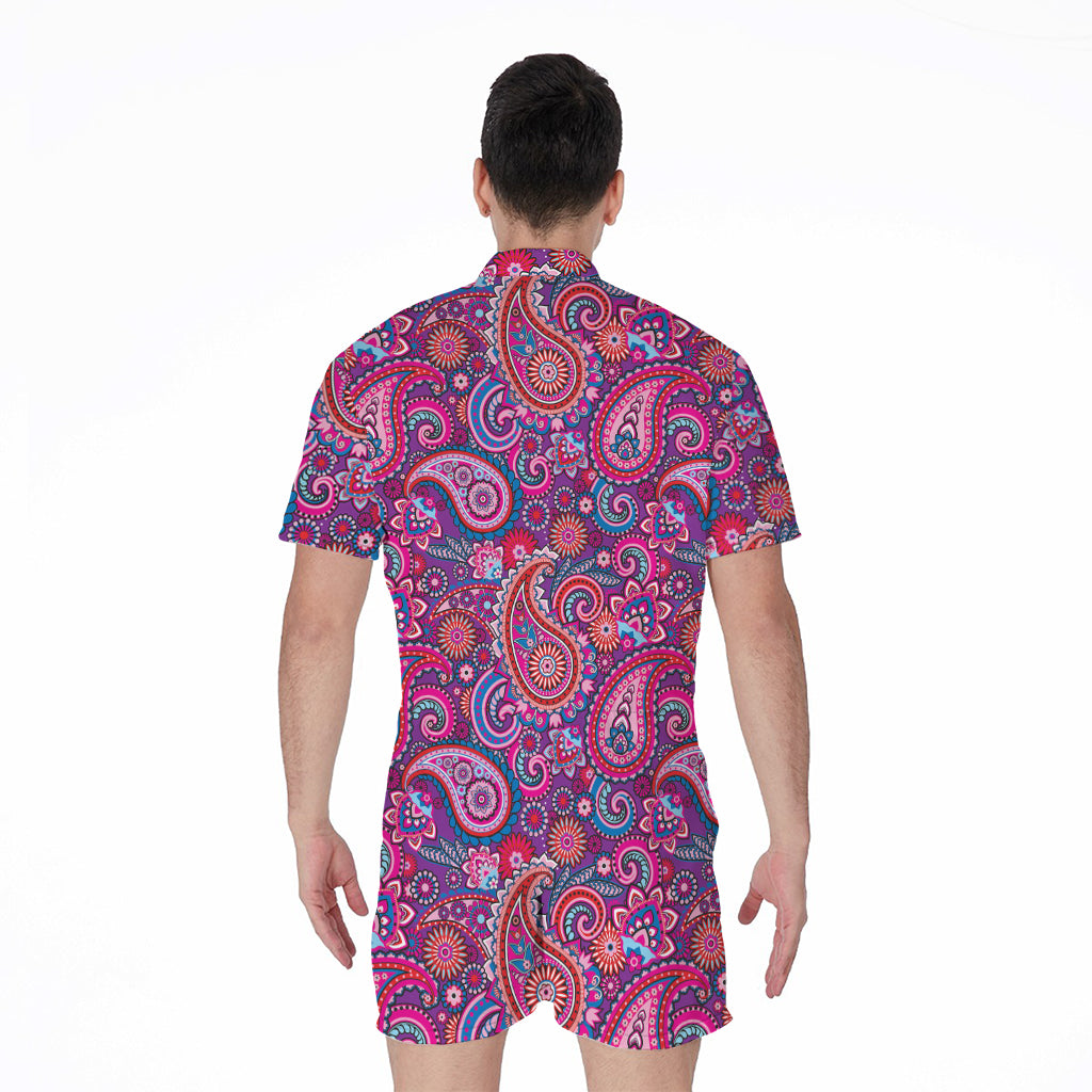 Purple And Pink Paisley Pattern Print Men's Rompers