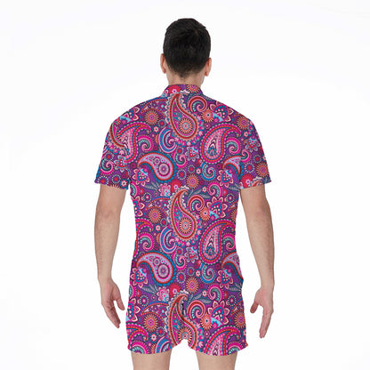 Purple And Pink Paisley Pattern Print Men's Rompers