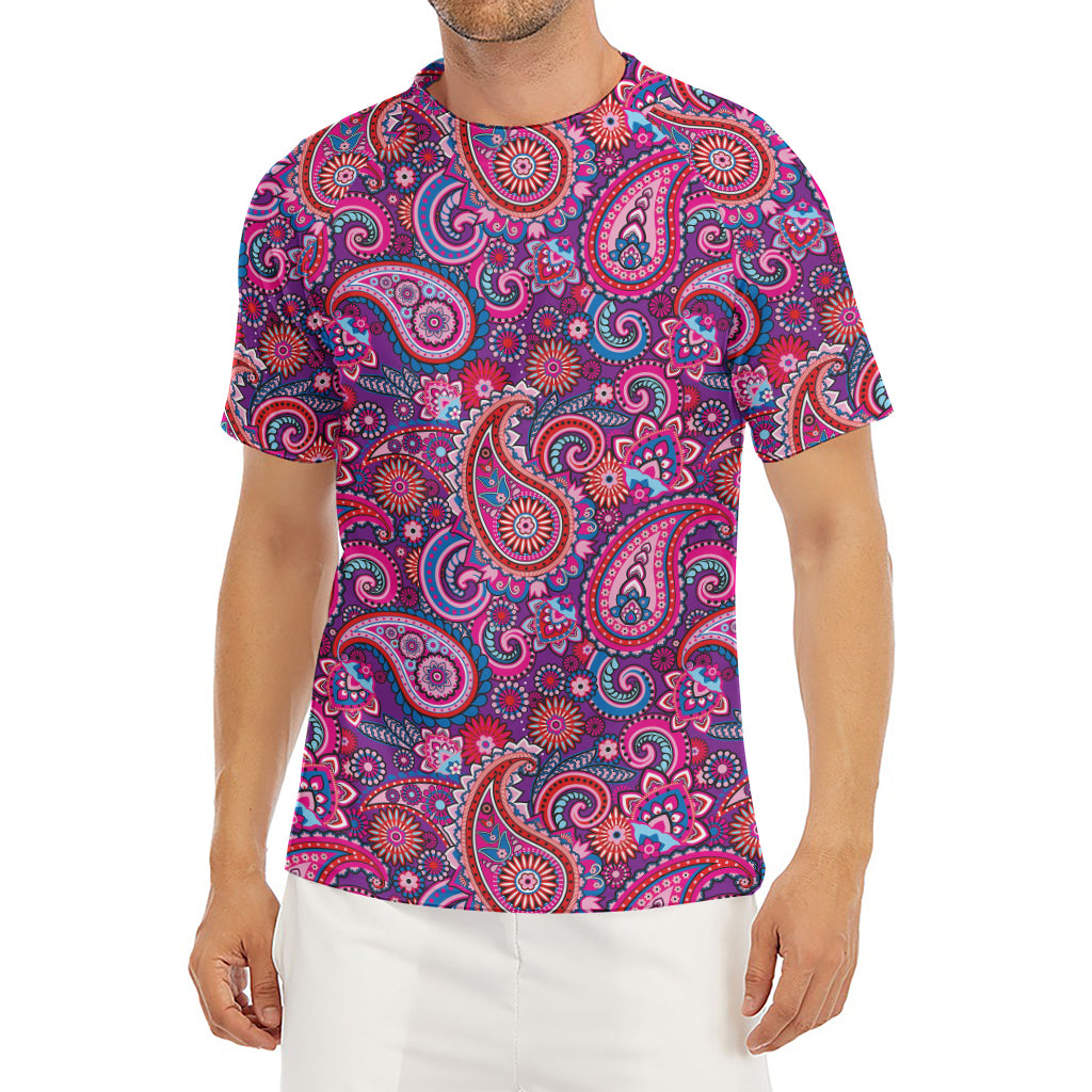 Purple And Pink Paisley Pattern Print Men's Short Sleeve Rash Guard