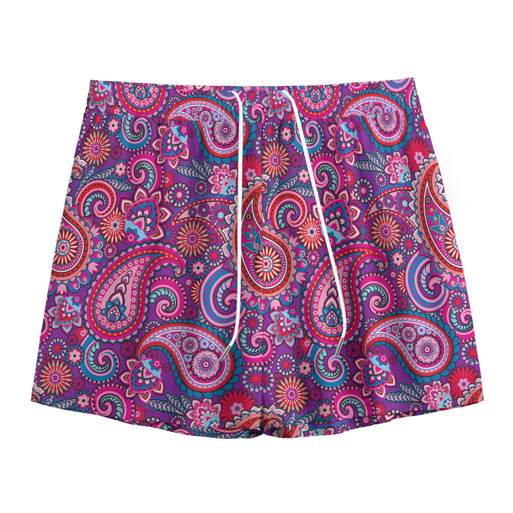 Purple And Pink Paisley Pattern Print Mesh Shorts
