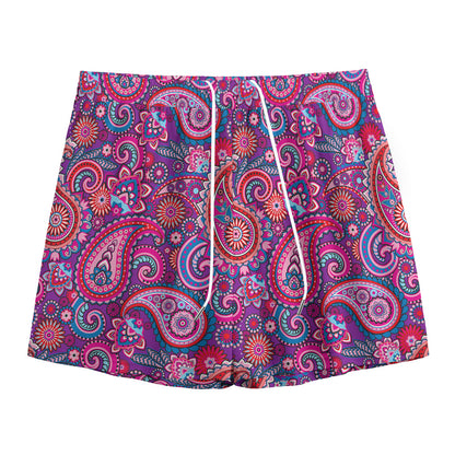 Purple And Pink Paisley Pattern Print Mesh Shorts