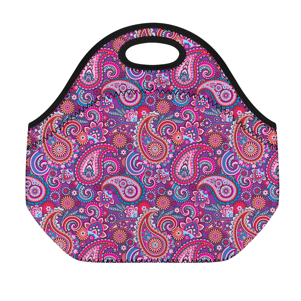 Purple And Pink Paisley Pattern Print Neoprene Lunch Bag