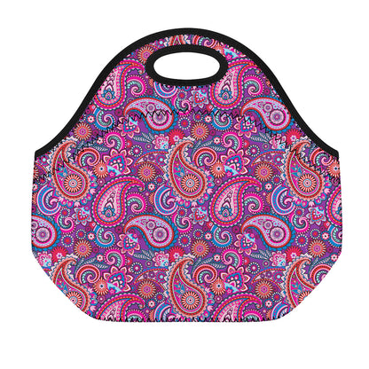 Purple And Pink Paisley Pattern Print Neoprene Lunch Bag