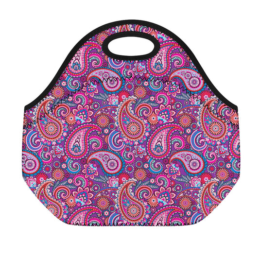 Purple And Pink Paisley Pattern Print Neoprene Lunch Bag