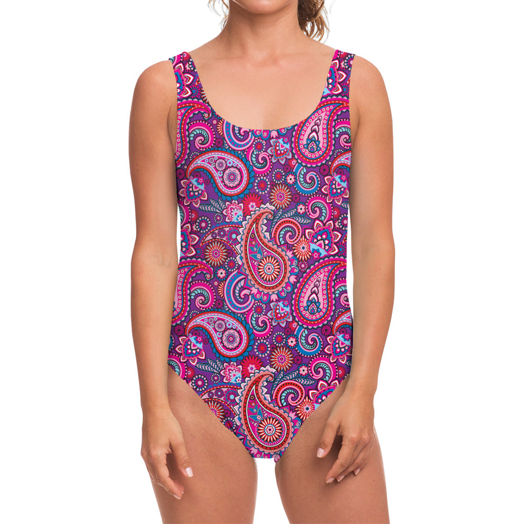 Purple And Pink Paisley Pattern Print One Piece Swimsuit