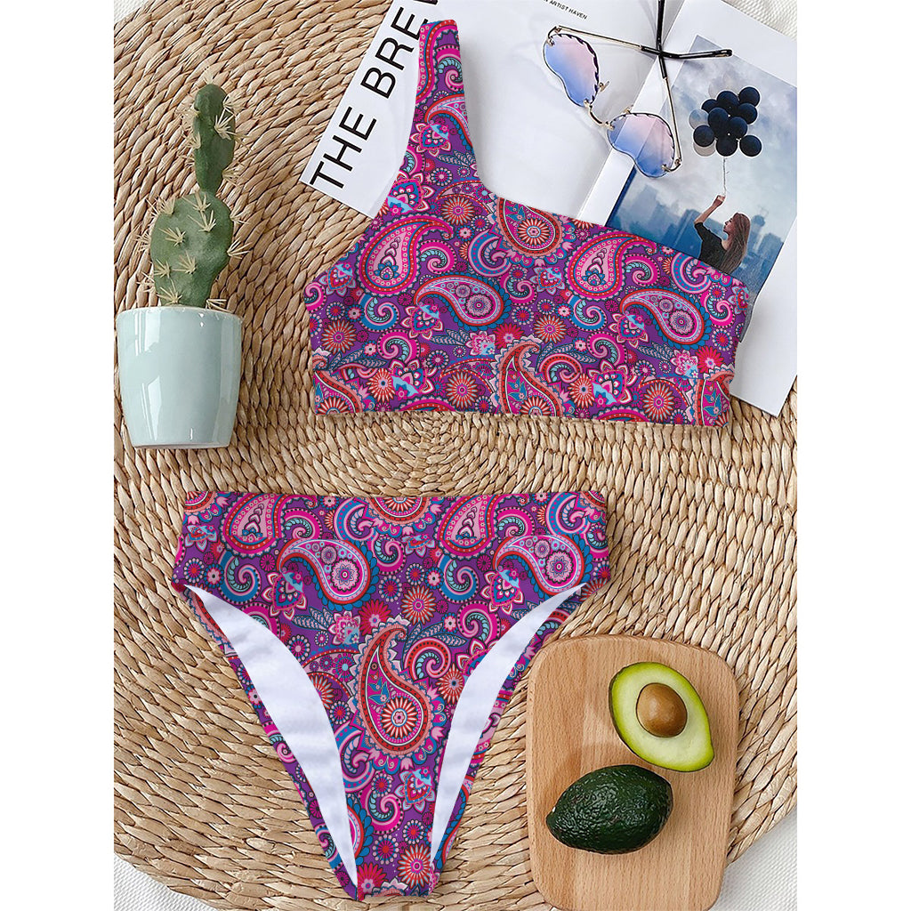 Purple And Pink Paisley Pattern Print One Shoulder Bikini Top