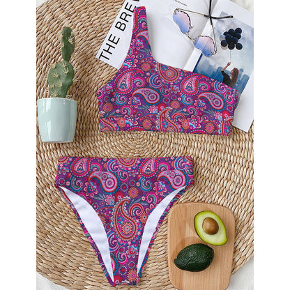 Purple And Pink Paisley Pattern Print One Shoulder Bikini Top