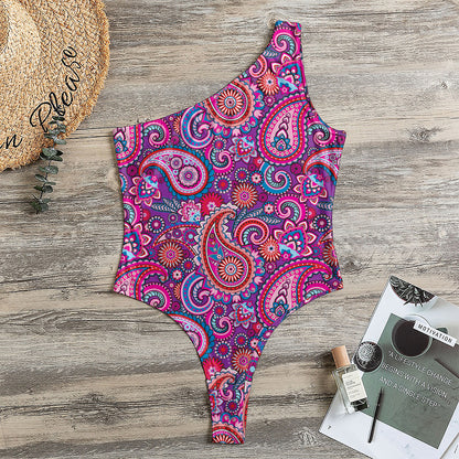 Purple And Pink Paisley Pattern Print One Shoulder Bodysuit