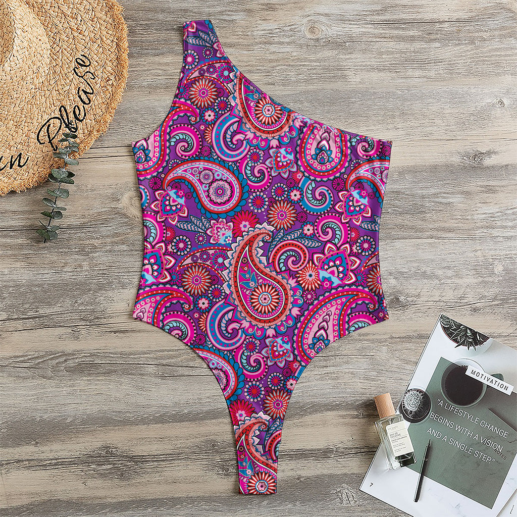 Purple And Pink Paisley Pattern Print One Shoulder Bodysuit