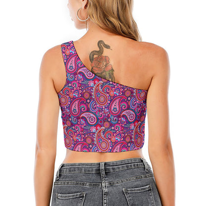 Purple And Pink Paisley Pattern Print One Shoulder Crop Top