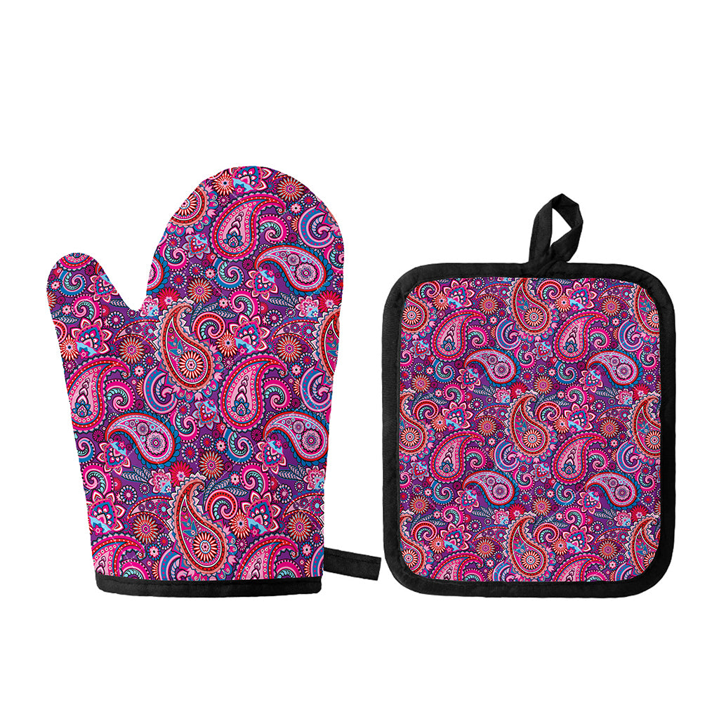Purple And Pink Paisley Pattern Print Oven Mitt And Pot Holder Set
