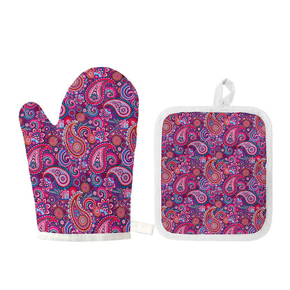 Purple And Pink Paisley Pattern Print Oven Mitt And Pot Holder Set
