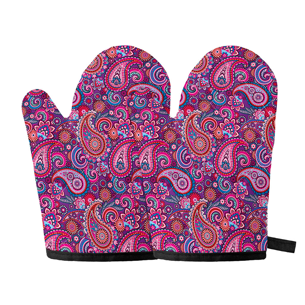 Purple And Pink Paisley Pattern Print Oven Mitts