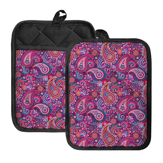 Purple And Pink Paisley Pattern Print Pot Holders With Pocket