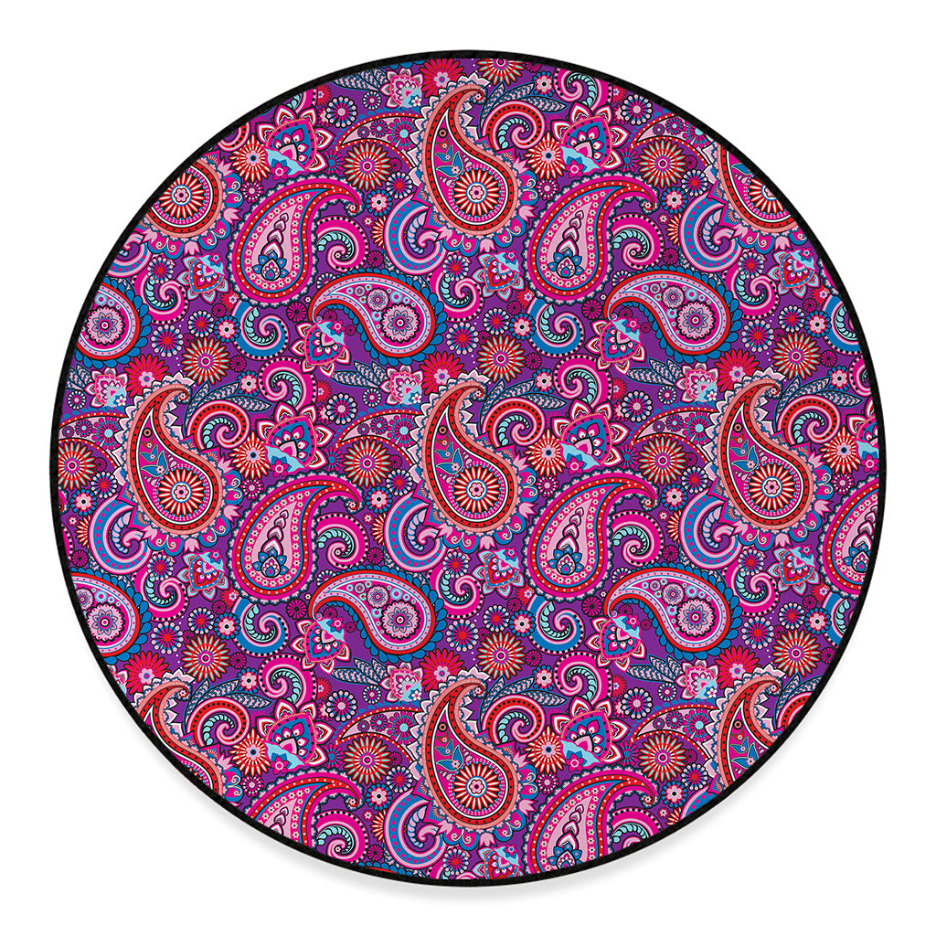 Purple And Pink Paisley Pattern Print Round Floor Mat