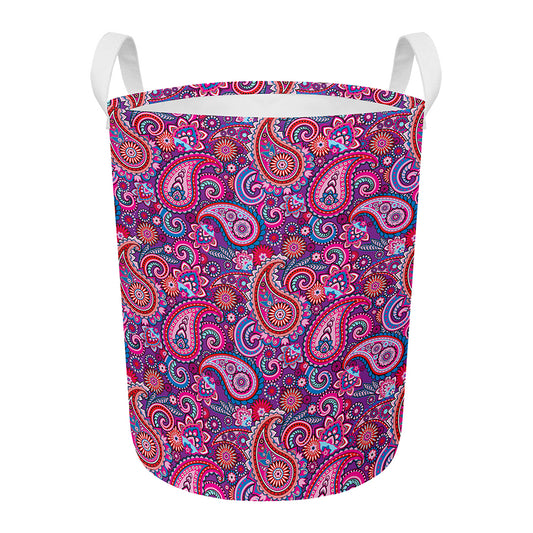 Purple And Pink Paisley Pattern Print Round Laundry Basket