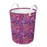 Purple And Pink Paisley Pattern Print Round Laundry Basket