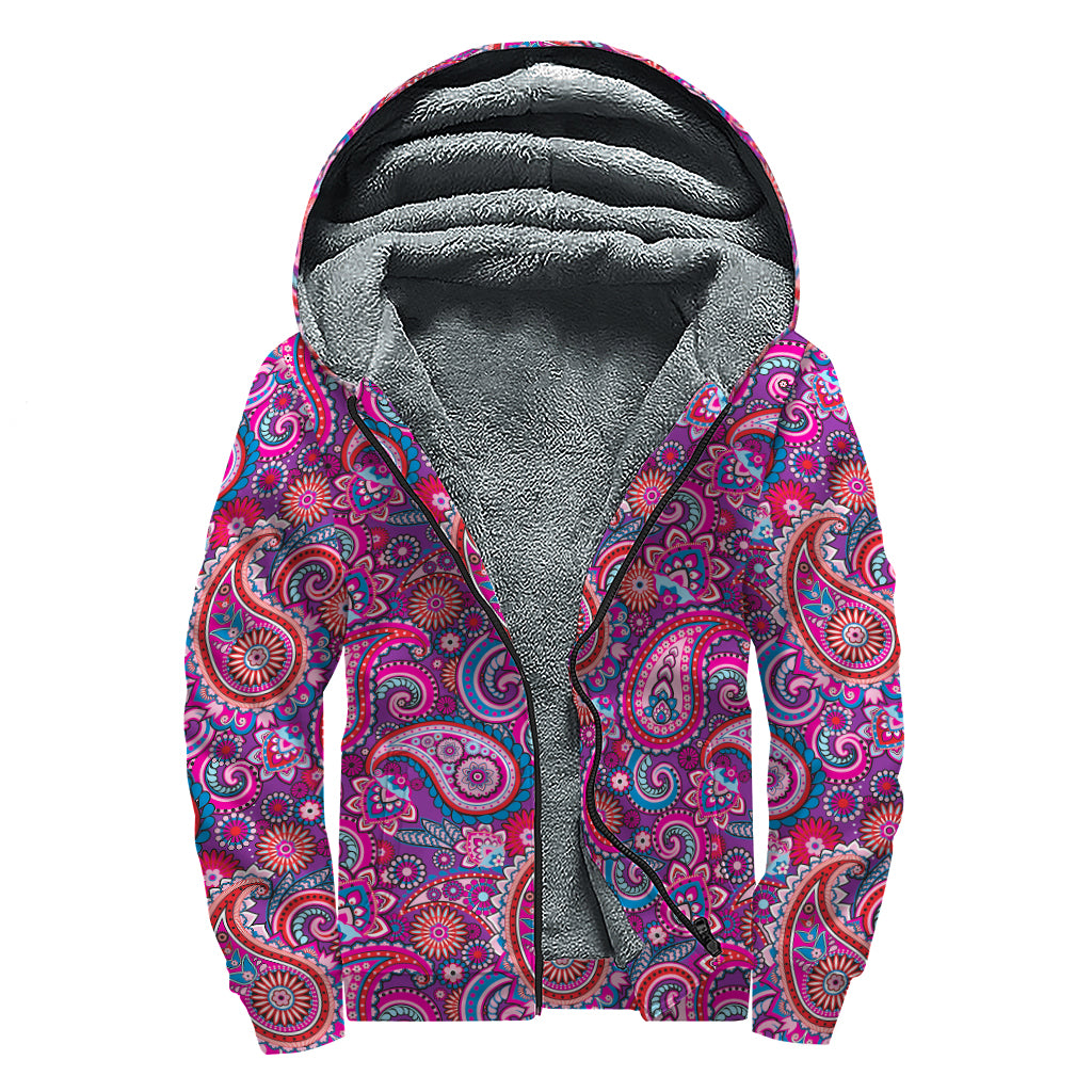 Purple And Pink Paisley Pattern Print Sherpa Lined Zip Up Hoodie