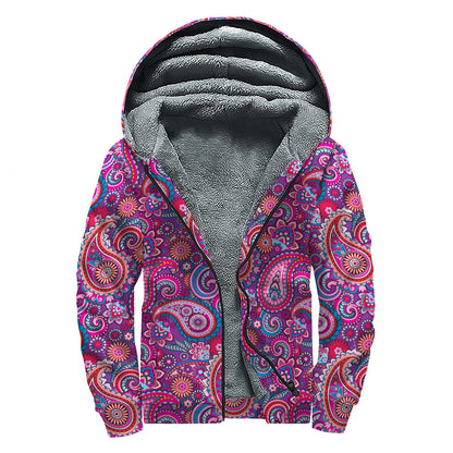 Purple And Pink Paisley Pattern Print Sherpa Lined Zip Up Hoodie