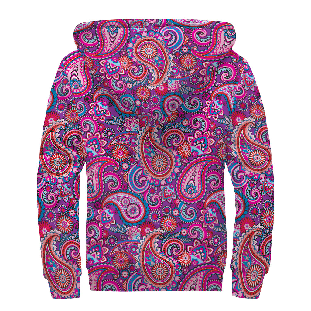 Purple And Pink Paisley Pattern Print Sherpa Lined Zip Up Hoodie