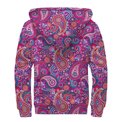 Purple And Pink Paisley Pattern Print Sherpa Lined Zip Up Hoodie
