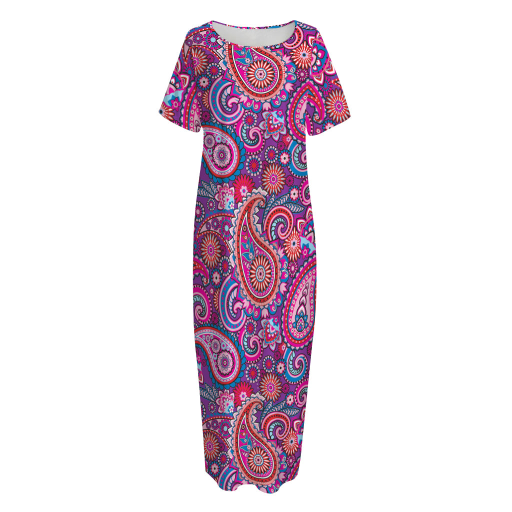 Purple And Pink Paisley Pattern Print Short Sleeve Long Nightdress