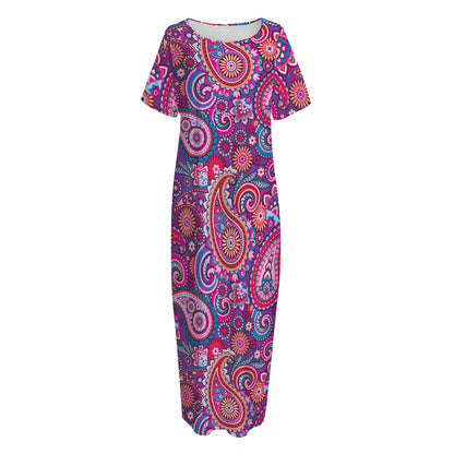 Purple And Pink Paisley Pattern Print Short Sleeve Long Nightdress