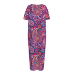 Purple And Pink Paisley Pattern Print Short Sleeve Long Nightdress