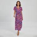 Purple And Pink Paisley Pattern Print Short Sleeve Maxi Dress
