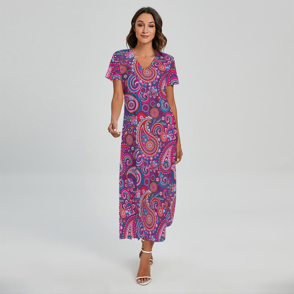 Purple And Pink Paisley Pattern Print Short Sleeve Maxi Dress