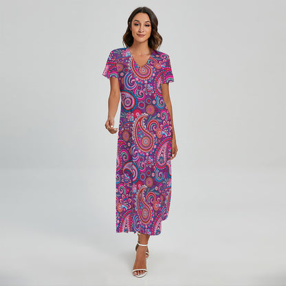 Purple And Pink Paisley Pattern Print Short Sleeve Maxi Dress