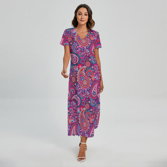 Purple And Pink Paisley Pattern Print Short Sleeve Maxi Dress