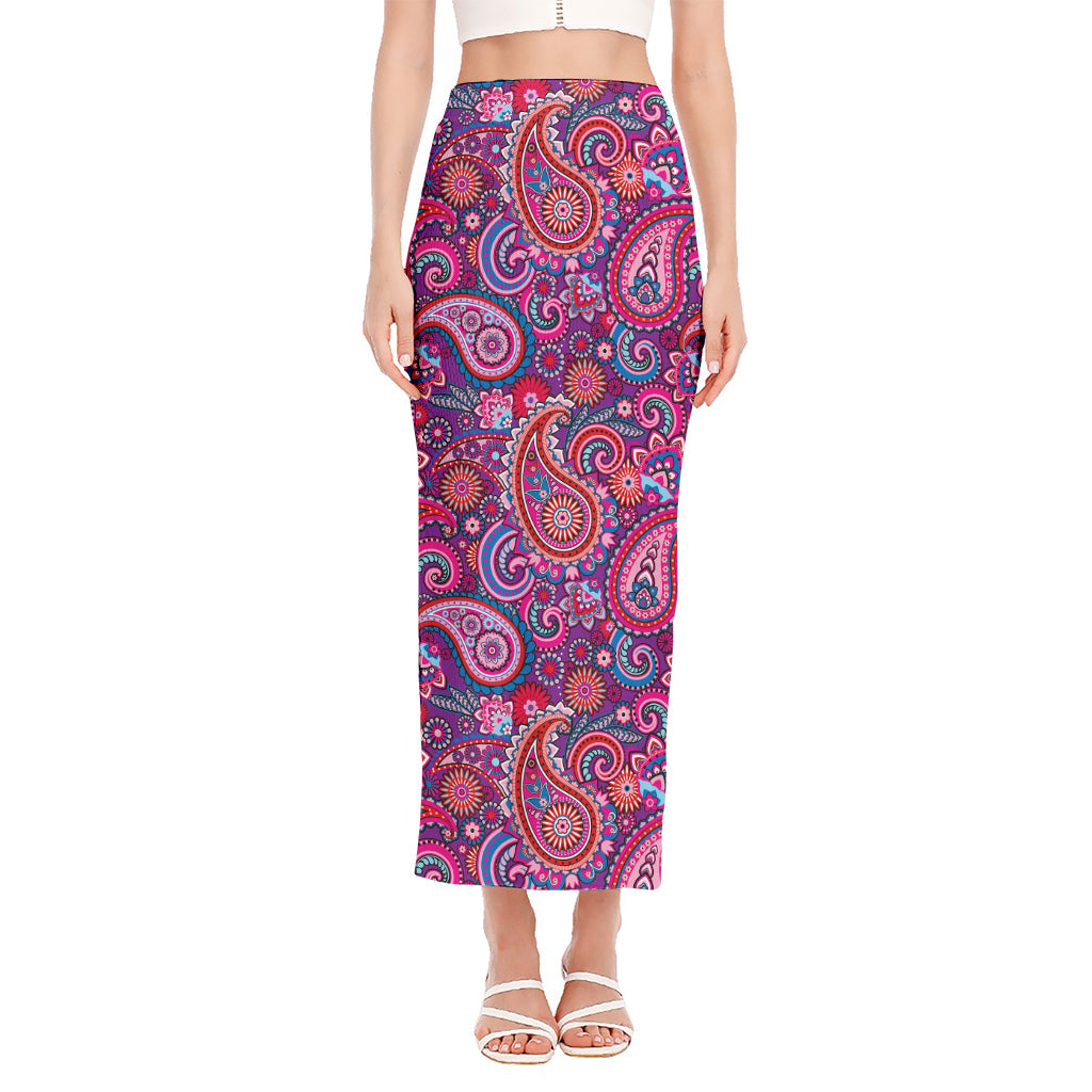 Purple And Pink Paisley Pattern Print Side Slit Maxi Skirt