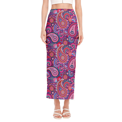 Purple And Pink Paisley Pattern Print Side Slit Maxi Skirt