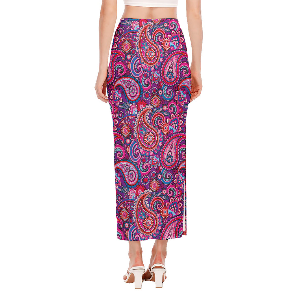 Purple And Pink Paisley Pattern Print Side Slit Maxi Skirt