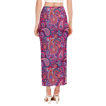 Purple And Pink Paisley Pattern Print Side Slit Maxi Skirt