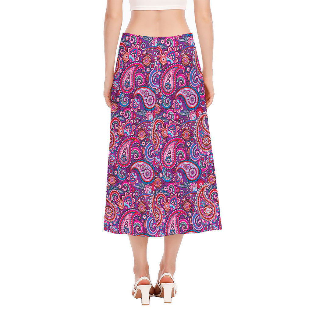 Purple And Pink Paisley Pattern Print Side Slit Midi Skirt