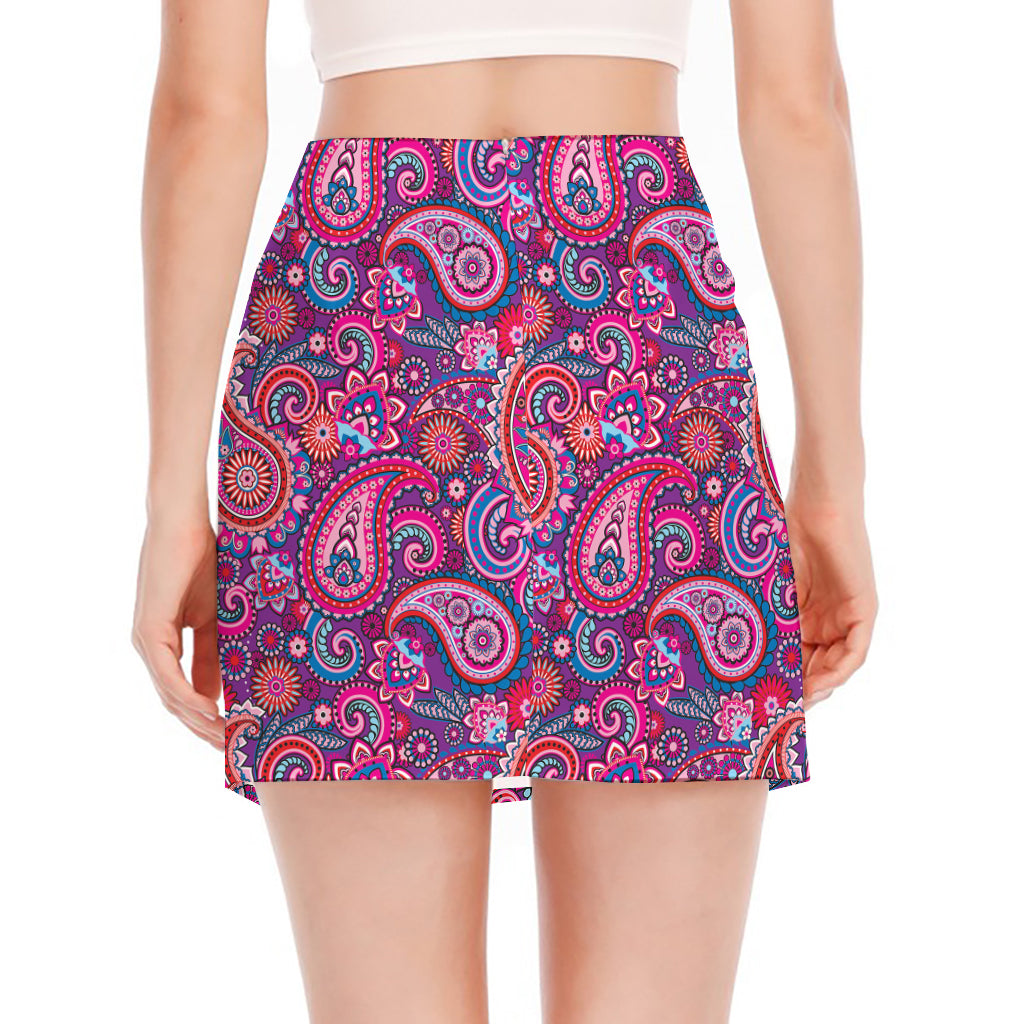 Purple And Pink Paisley Pattern Print Side Slit Mini Skirt