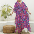 Purple And Pink Paisley Pattern Print Silk V-Neck Kaftan Dress