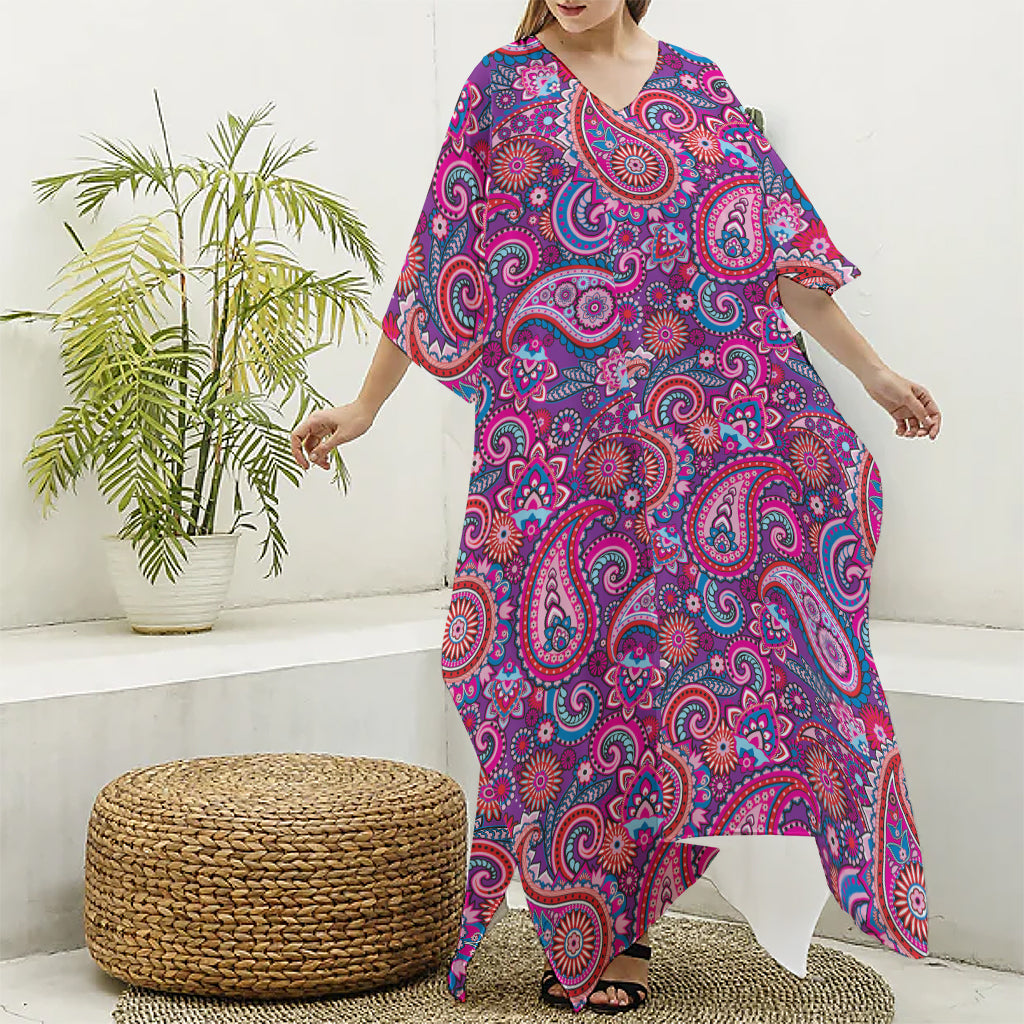 Purple And Pink Paisley Pattern Print Silk V-Neck Kaftan Dress