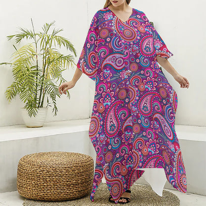Purple And Pink Paisley Pattern Print Silk V-Neck Kaftan Dress