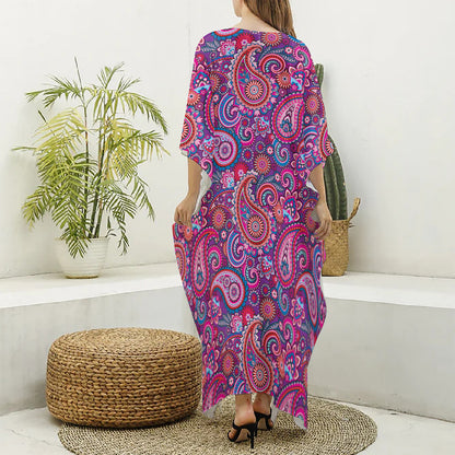 Purple And Pink Paisley Pattern Print Silk V-Neck Kaftan Dress