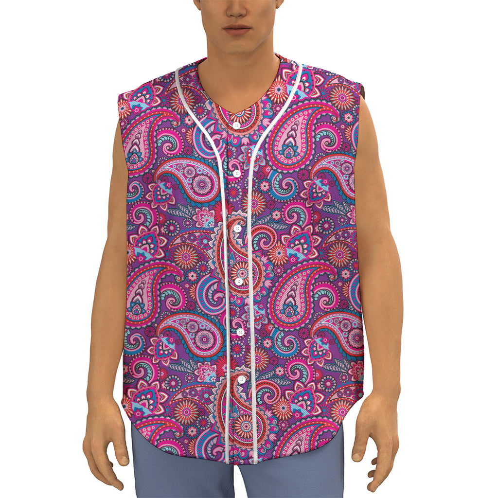 Purple And Pink Paisley Pattern Print Sleeveless Baseball Jersey