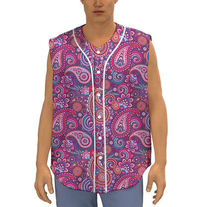 Purple And Pink Paisley Pattern Print Sleeveless Baseball Jersey