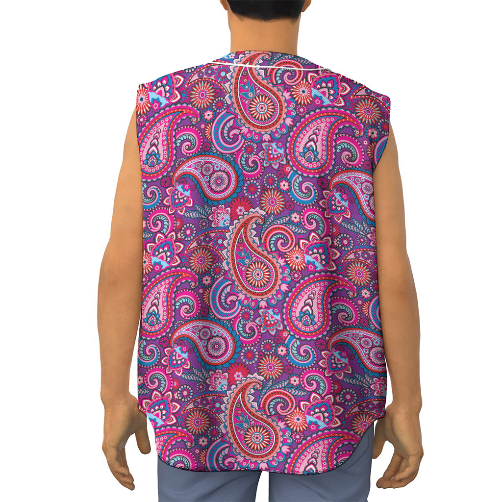 Purple And Pink Paisley Pattern Print Sleeveless Baseball Jersey